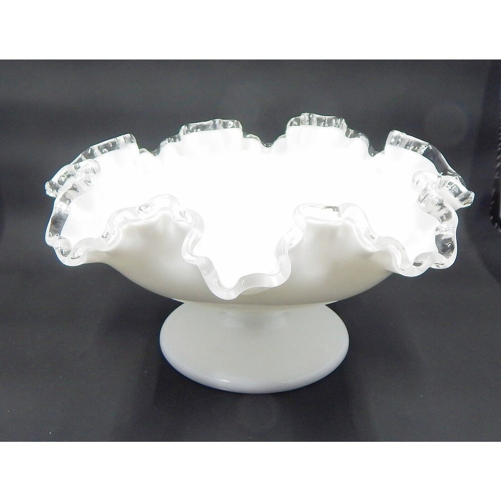 Fenton Silver Crest Milk Glass Ruffled Pedestal Compote Candy Dish Bowl